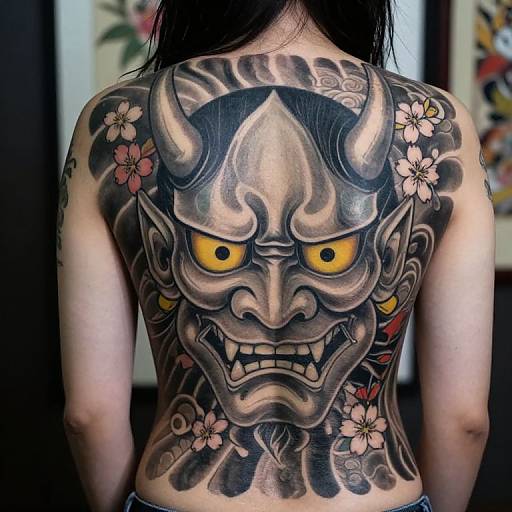 Photograph of a person with a large, detailed black and gray Japanese demon mask tattoo on their back, surrounded by colorful cherry blossoms.