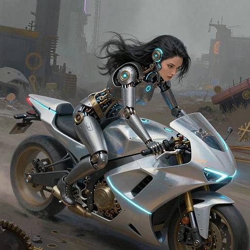 Digital artwork: Cybernetic woman with glowing blue accents rides a high-tech, silver motorcycle through a futuristic, dystopian cityscape.