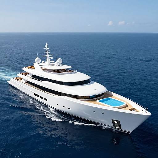 Photograph of a sleek, white luxury yacht with multiple decks, blue swimming pool on the top deck, cruising through calm, deep blue ocean under a