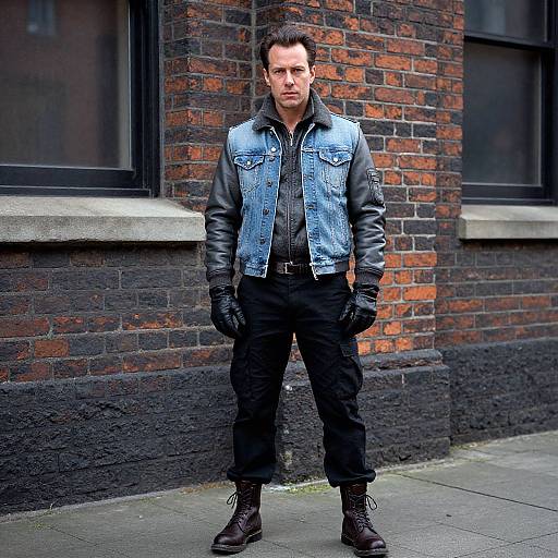 Photograph of a serious-looking Caucasian man with short dark hair, wearing a blue denim vest, black leather jacket, black pants, gloves, and boots
