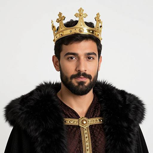 Photograph of a bearded man with medium skin tone, wearing a gold crown and black fur-lined royal robe with an ornate cross. White background