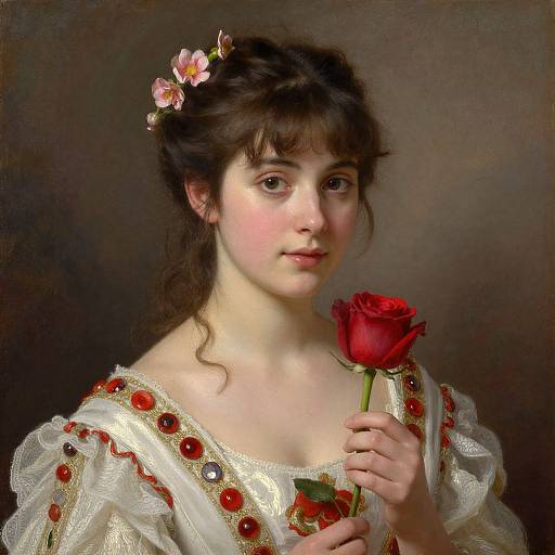 Photorealistic digital painting of a young woman with fair skin, dark brown hair, holding a red rose, wearing a white dress with red and gold