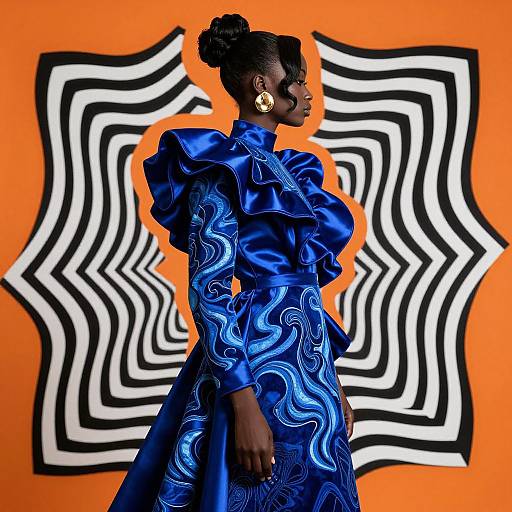 Photograph of a Black woman with braided hair in a vibrant blue, high-neck dress with ruffled shoulders, standing against an orange background with black
