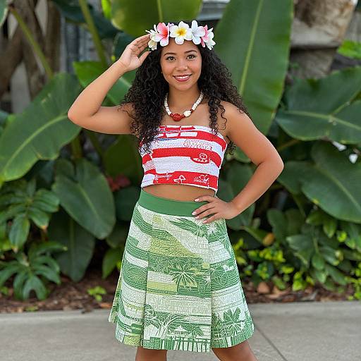 Photograph of a smiling, curly-haired woman in a red-and-white striped crop top, green patterned skirt, flower crown, and necklace, standing