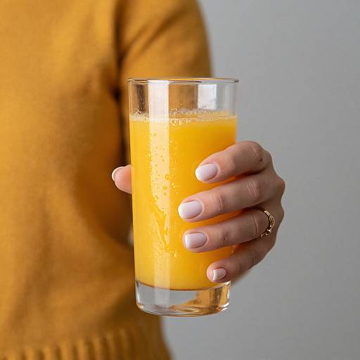 Photograph of a person with light skin, wearing an orange sweater, holding a clear glass of bright orange juice in their right hand with light pink nails