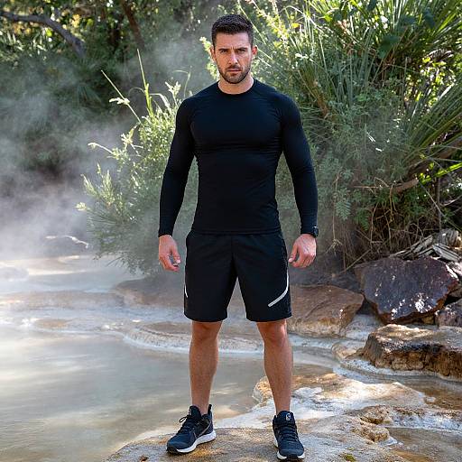Photograph of a muscular, bearded man in a black long-sleeve shirt, black shorts, and black sneakers standing in a misty,