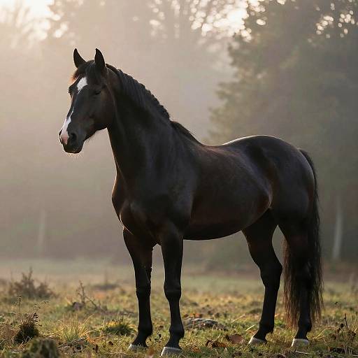 Majestic Black Horse in Misty Forest