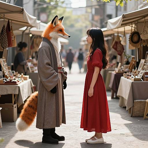 Photograph-like digital art: Anthropomorphic fox in gray coat and black boots stands facing a woman in red dress in sunlit marketplace.