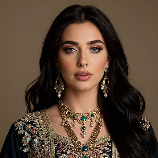 Photograph of a fair-skinned woman with long black hair, wearing intricate gold and turquoise traditional Indian jewelry, and an ornately embroidered black garment,