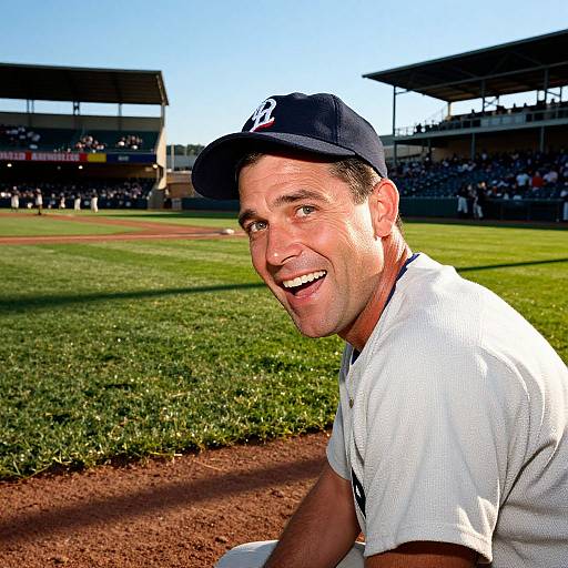 Photograph of smiling middle-aged man in white baseball uniform and black cap, kneeling on baseball field with green grass and stadium stands in background. Bright sunlight