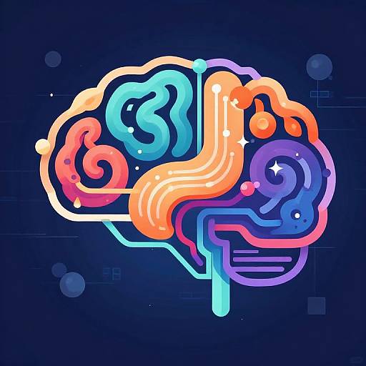 Vibrant digital illustration of a human brain in profile, featuring neon colors (orange, blue, purple, pink) with glowing white stars on a