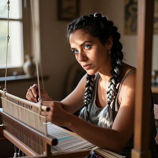Photograph of a focused woman with braided dark hair, striking blue eyes, and a sleeveless gray top, weaving in a sunlit room.
