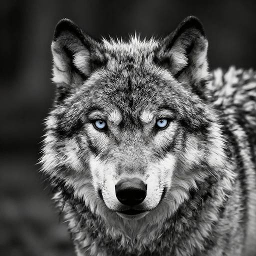 Photorealistic black-and-white close-up of a wolf with piercing blue eyes, detailed fur texture, and intense gaze against a blurred dark background.