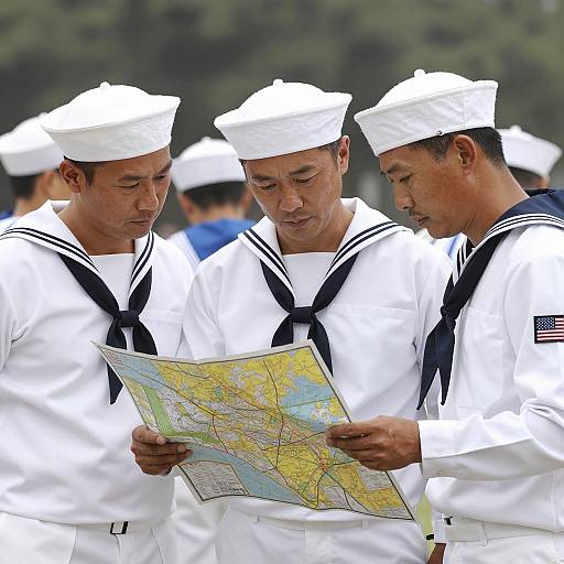 Three Male Sailors Reading Map