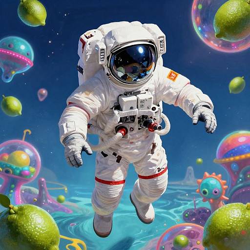 Digital artwork of a white astronaut with a reflective helmet floating in a vibrant, colorful space filled with green, pink, and purple bubbles.