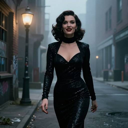 Photograph of a confident woman with wavy dark hair, wearing a sparkling black dress with a deep neckline, walking down a foggy, narrow urban