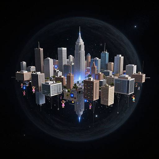 Digital CGI of a cityscape with illuminated skyscrapers, featuring a prominent central tower, surrounded by a glowing halo against a dark, starry background