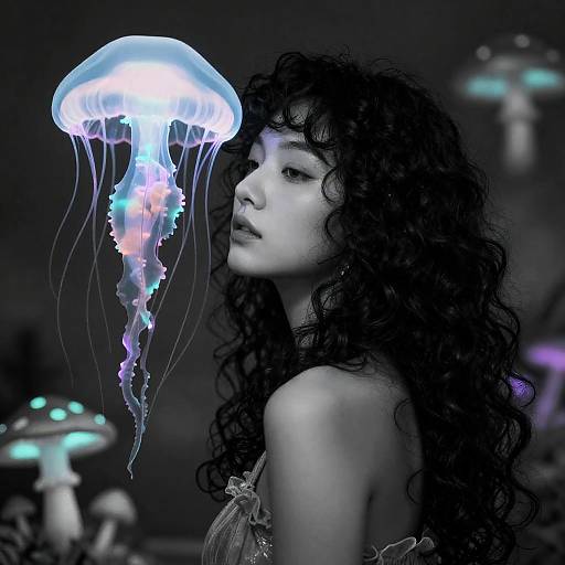 Girl with Bioluminescent Jellyfish and Psychedelic Mushrooms