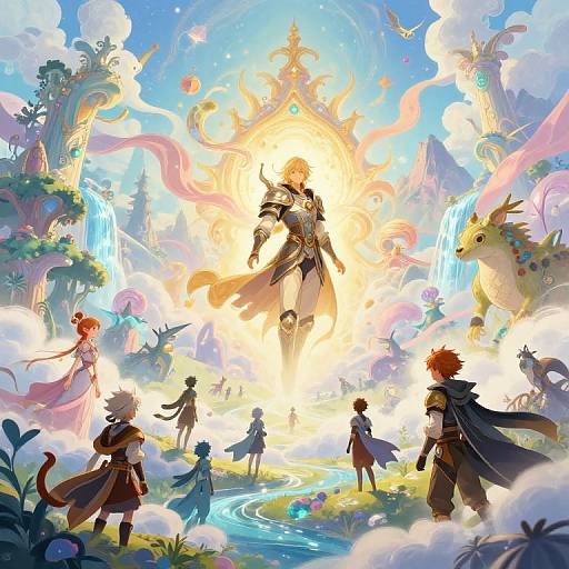 Fantastical digital art: armored hero rises amidst magical light, surrounded by colorful creatures, waterfalls, and enchanted forest, watched by small adventurers.
