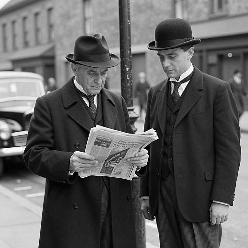 Two Men in Early 20th Century Attire Reading Newspaper