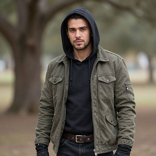 Photograph of a handsome, bearded man with olive skin, wearing a black hoodie and green military-style jacket, standing in a blurred park background with