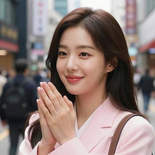 Woman in Pink Blazer with Hands Clasped