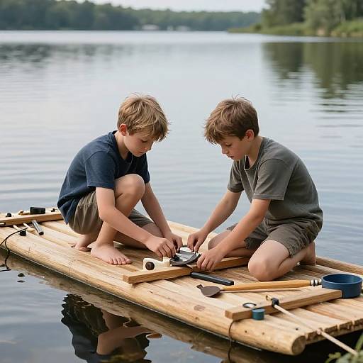 Two boys, one in navy and one in gray, work on a wooden raft in a calm lake, surrounded by trees.