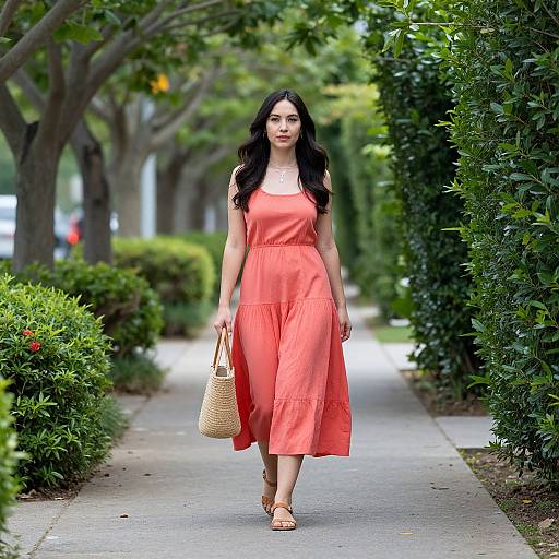 Photograph of a young Asian woman with long black hair, wearing a flowing orange dress and sandals, walking on a tree-lined sidewalk, carrying a woven