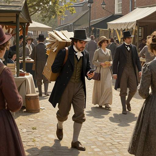 Victorian-era photograph of a bustling outdoor market; men in dark suits and bowler hats, women in long dresses, cobblestone street, wooden