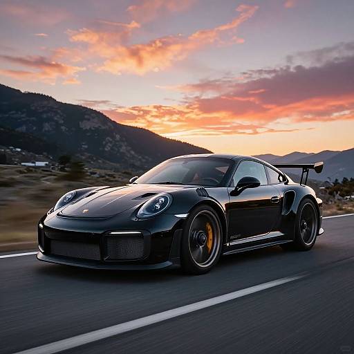 Photograph of a sleek black Porsche 911 GT3 speeding on a mountain road at sunset, with vibrant orange and pink clouds in the background.