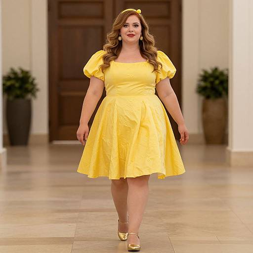 Photograph of a curvy woman with long, wavy brown hair in a bright yellow, puffed-sleeve, knee-length dress and gold
