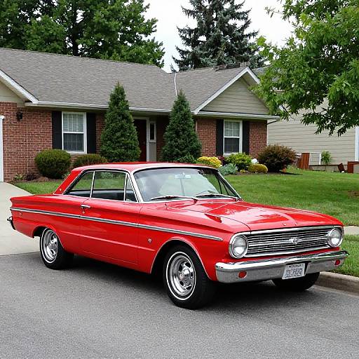Photograph of a vibrant red, classic 1960s Chevrolet sedan parked in front of a suburban brick house with green trees.