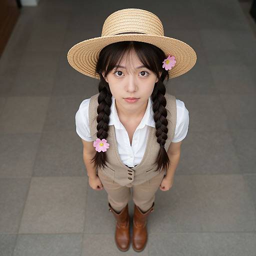 Young Asian girl with braided black hair, pink flower clips, straw hat, white shirt, beige vest, brown boots, looking up.