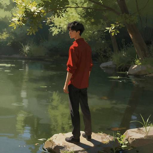 Young Man Standing by Sunlit Pond