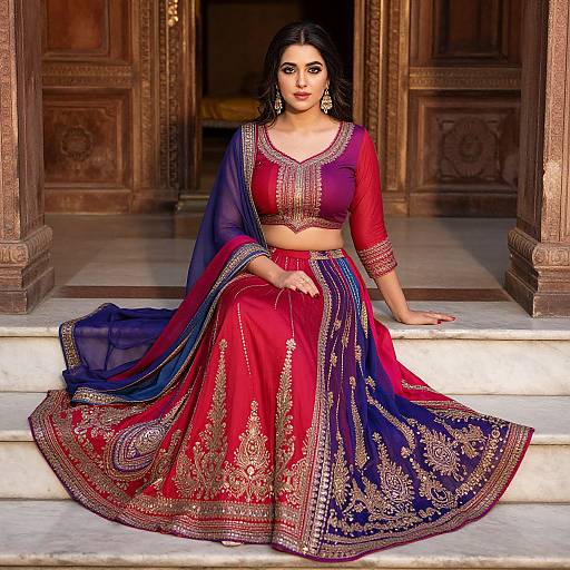 Photograph of an Indian woman with dark hair, wearing a red and blue embroidered traditional lehenga, seated on marble steps, against a wooden, orn