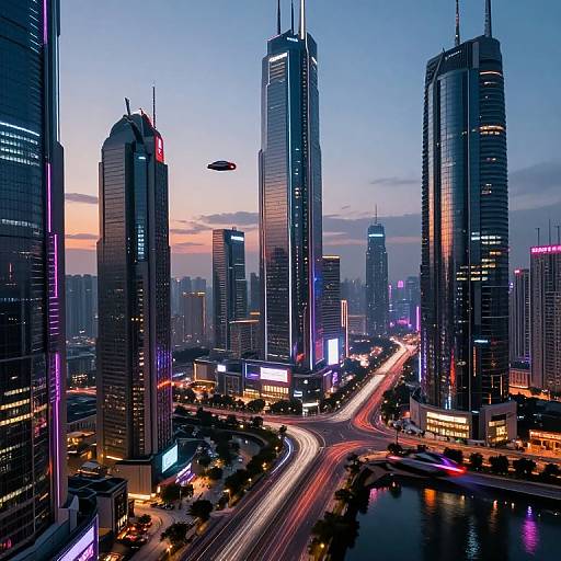 Photograph of a futuristic cityscape at dusk, featuring tall illuminated skyscrapers, glowing neon lights, busy highway with light trails, and a UFO