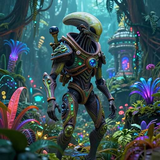 Digital art of a cybernetic Xenomorph with a yellow dome head, glowing blue and green circuits, walking through a vibrant, alien forest with