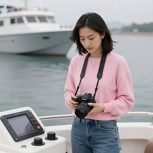 Woman on Boat with Camera and Control Panel
