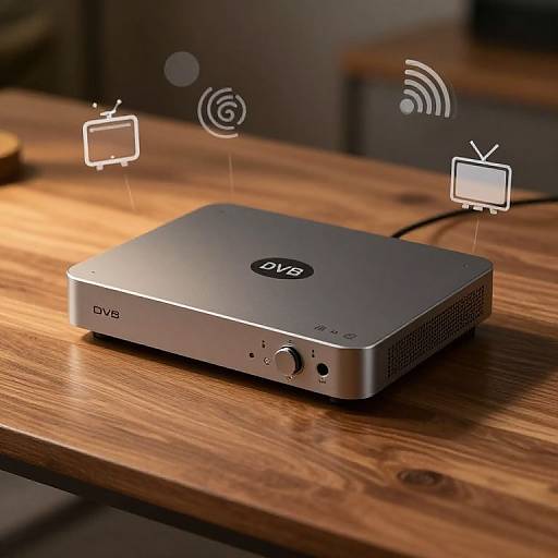 Photograph of a silver DVB HDMI media box on a wooden table, with transparent icons of TV and Wi-Fi above it.