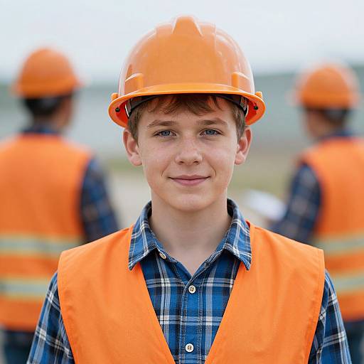 Photograph of a young white male construction worker with light brown hair, wearing an orange hard hat and vest, blue plaid shirt, smiling, with