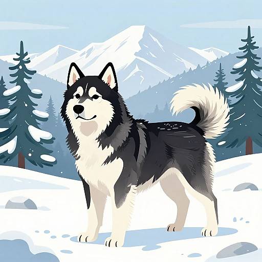Digital drawing of a black and white Siberian Husky standing in a snowy forest with snow-covered pine trees and snow-capped mountains in the background.