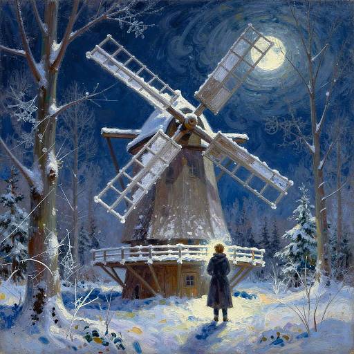 Moonlit Winter Windmill with Storyteller