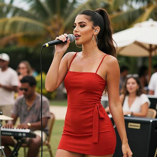 Chic Woman in Red Dress Enjoying Music