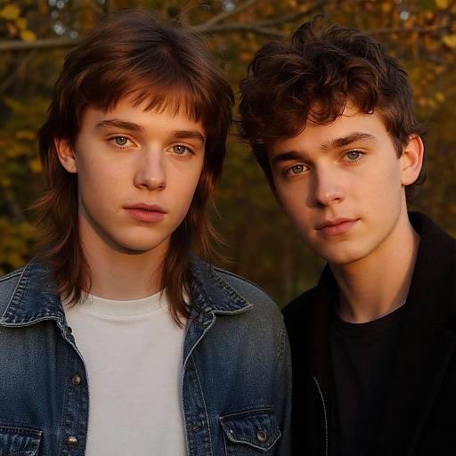 Photograph of two young men with fair skin and brown hair, wearing denim jackets and black shirts, standing close against an autumnal tree background.