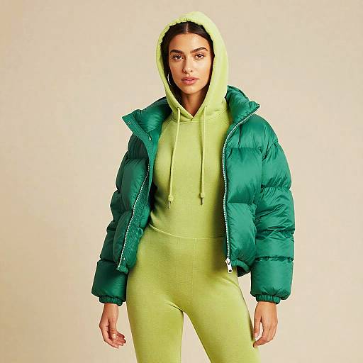 Woman in Lime Green Bodysuit and Green Puffer Jacket
