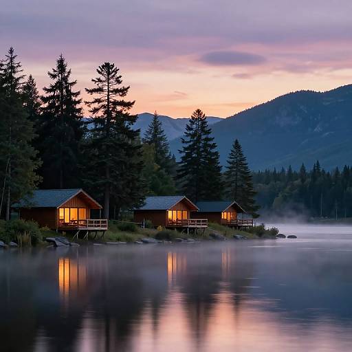 Photograph of three wooden cabins with warm lights, reflected in a misty lake, surrounded by tall pine trees at twilight.