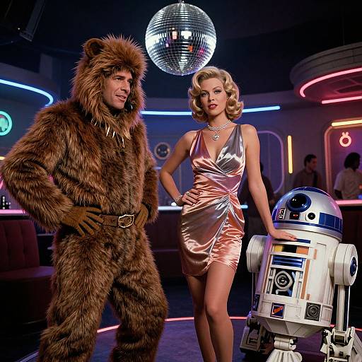 Photograph of Han Solo in a brown fur suit, Princess Leia in a shiny pink dress, and R2-D2 in a futuristic club with a