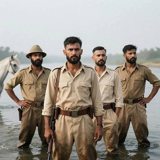 Men in Uniforms by the River