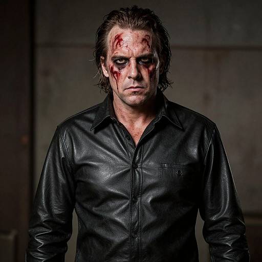 Photograph of a grim-faced man with blood on his face, wearing a black leather button-up shirt, standing against a dark, industrial background.