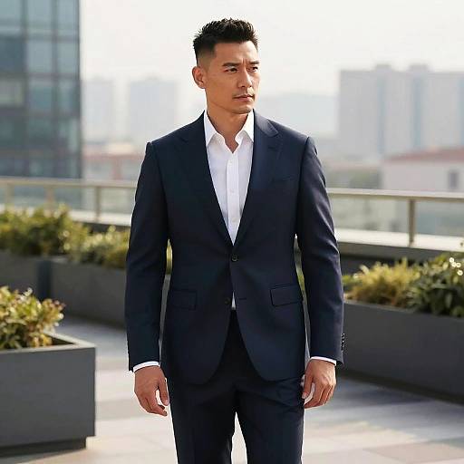 Skin Fade in Navy Suit on Rooftop